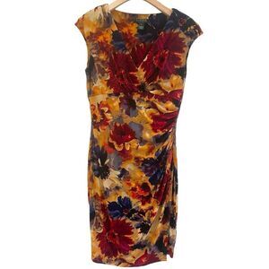 Lauren Ralph Lauren Slinky Ruched Cap Sleeve Yellow Floral Office Dress Size 8